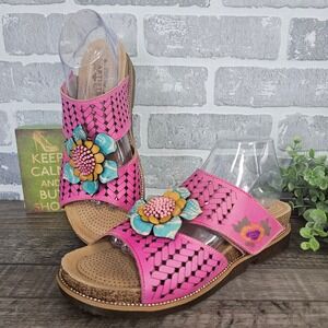 L'Artiste Spring Step Gardany Pink Woven Leather Flower Slide Sandals Womens 10